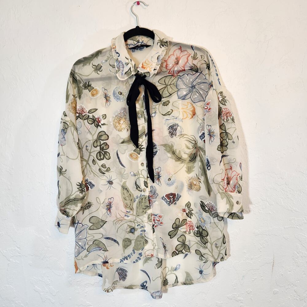 Sister Jane Floral and Insect Print button up Sheer Blouse Size M
